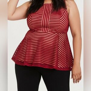 Torrid Shadow Stripe Peplum Top - Red - Sleeveless with Tan Underlay - 3X